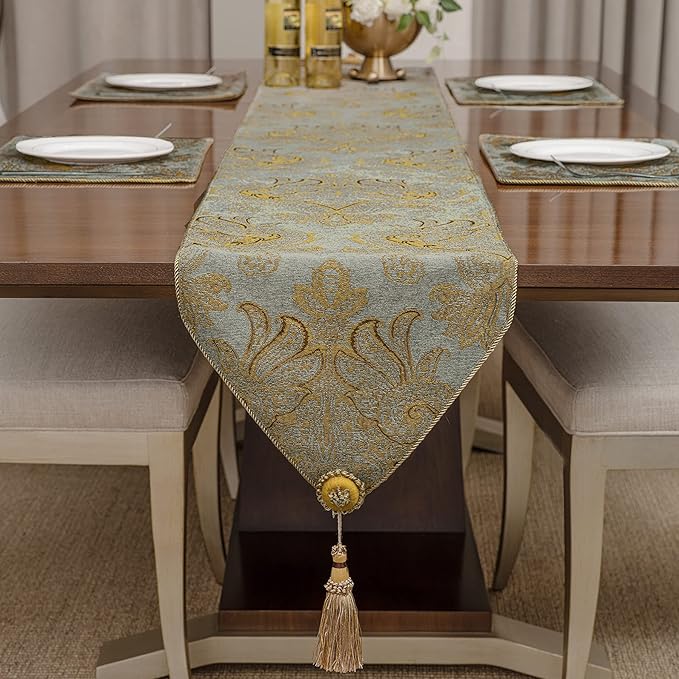 Loom and Mill Luxury Thick Chenille Table Runner, Modern Damask Jacquard Table Runners with Handmade Tassels for Dining Room Dresser Party Holiday Banquet Decorations(Blue Gold, 13x72 inch)