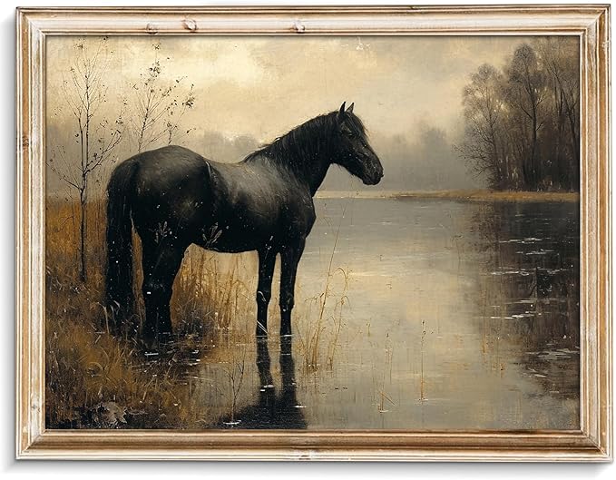 uniro Black Horse Vintage Wall Art Moody Landscape Prints Retro Wall Art Lake Dark Cottagecore Art Foggy Rustic Wall Decor DarkMoodyWallArt