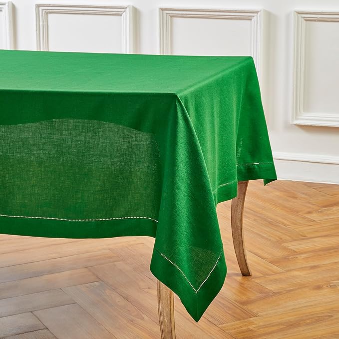 Solino Home Garden Green Linen Tablecloth 60 x 90 Inch - 100% Pure Linen Hemstitch Table Cloth for Rectangle Tables - Classic Hemstitch, Machine Washable Tablecloth for Christmas, Winter