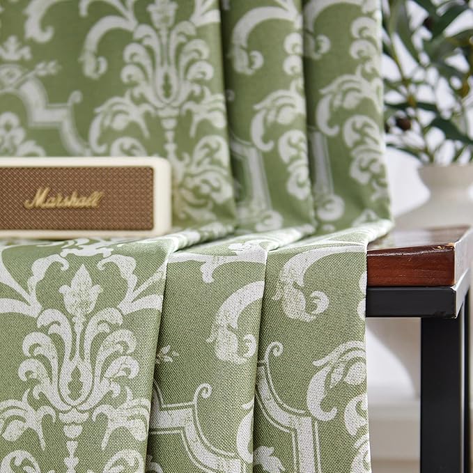 jinchan Room Darkening Curtains for Bedroom Sage Green Damask Patterned Curtains 96 Inch Length for Living Room Linen Textured Vintage 8FT Long Drapes Window Treatments Grommet Top 2 Panels Set