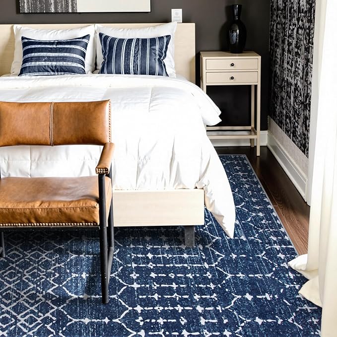 Lahome Moroccan Living Room Rug 9x12 - Non-Slip Washable Ultra-Thin Soft Large Area Rug, Modern Geometric Print Stain Resistant Carpet for Bedroom Dining Room, Blue