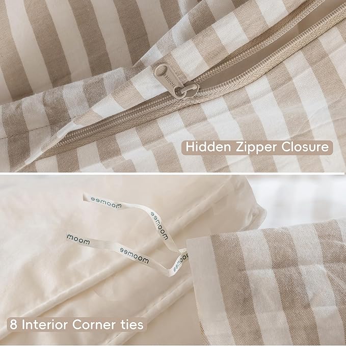 MooMee Striped Duvet Cover Set 100% Washed Cotton Linen Like Textured Breathable Durable Soft Comfy (Tannish Linen Grey White Classic Stripes, Super King Plus 120"x120")