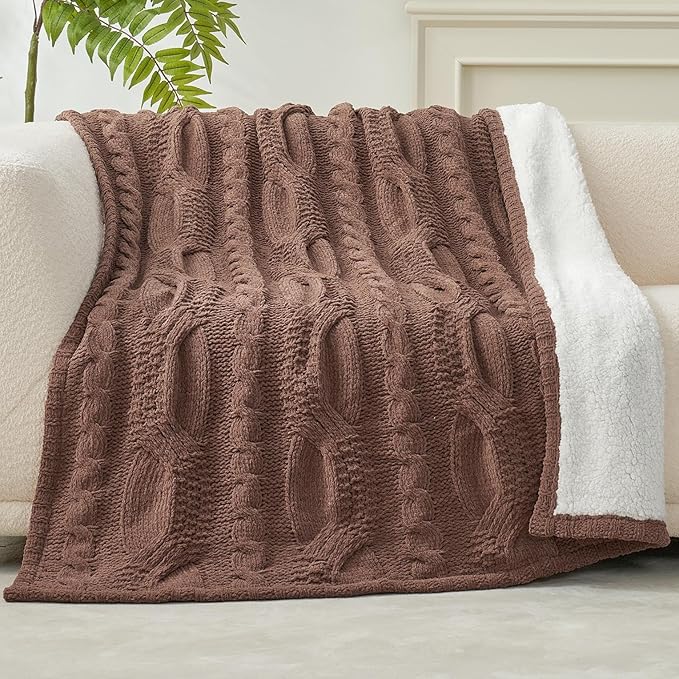 Amélie Home Cable Knit Throw Blanket for Couch, Chenille Sherpa Soft Cozy Throw Blankets for Sofa Chair Comfortable Home, 50"x60", Brown