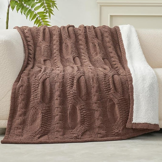 Amélie Home Cable Knit Throw Blanket for Couch, Chenille Sherpa Soft Cozy Throw Blankets for Sofa Chair Comfortable Home, 50"x60", Brown