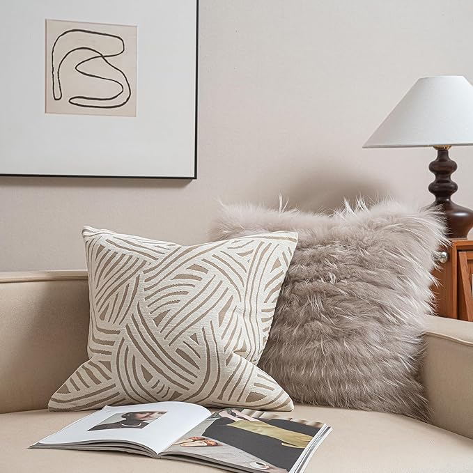 2025 New 20x20'' inches Throw Pillow Cushion Covers - Paradise Beige Color Chenille Jacquard Embroidery Luxury Modern Style Couch Sofa Bed Pillow Cover for Living Room Bedroom