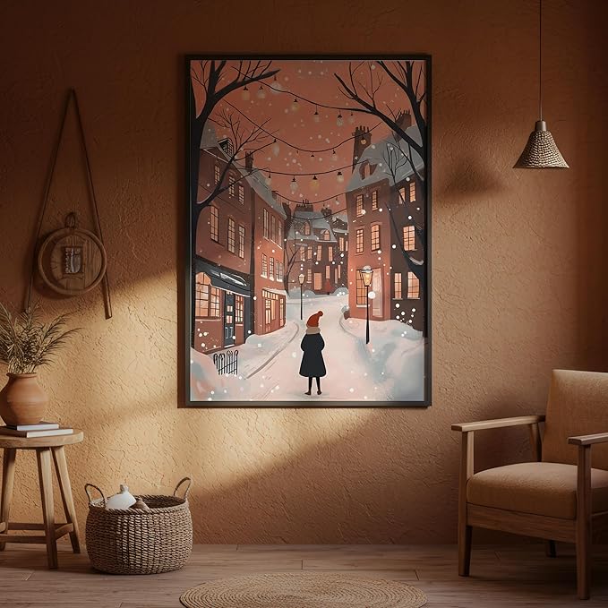 OZCONO Cozy Winter Cityscape Wall Art for Seasonal Home Decor, Christmas Street Scene Artwork, Warm Holiday Village Print, Soft Snowy Evening Illustration (Unframed) (12x18)