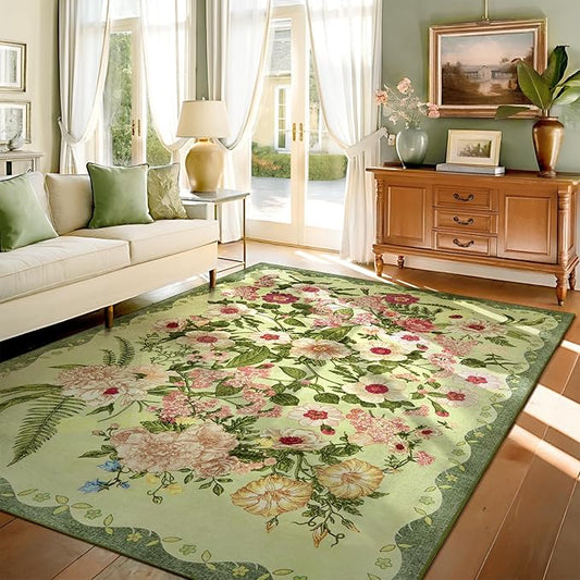 Floral Rugs for Living Room - 9x12 Soft Washable Area Rug Stain Resistant Ultra-Thin Non-Slip Low Pile Farmhouse Vintage Large Carpet for Bedroom Dining Room Nursery Home Office Decor, Green