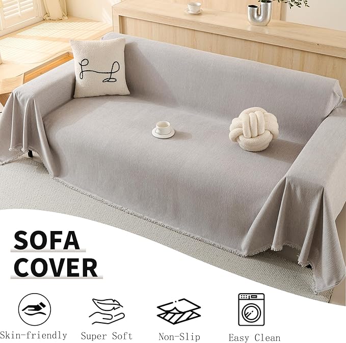 100% Waterproof Couch Cover for Pets Washable Sofa Covers for 3-4 Cushion Couch Sofa SlipCover for Dogs Pet-Friendly Furniture Protector for Living Room with Tassel(71" x 134", Light Gray)