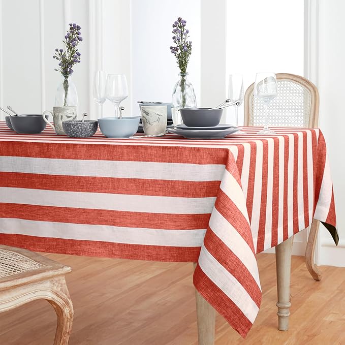 Solino Home Linen Striped Tablecloth 60 x 120 Inch - 100% Pure Linen Red and White Table Cloth for Rectangle Tables - Cabana Stripe, Machine Washable Tablecloth for Christmas, Holiday, Winter