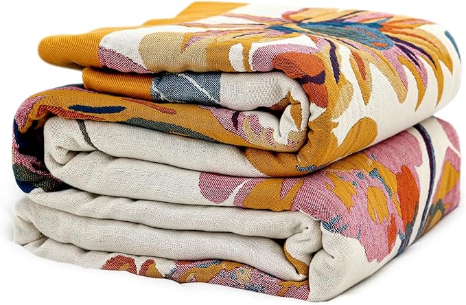 King Throw Blanket for Bed 100% Cotton Boho Ultra Soft Rustic Quilt Butterfly and Floral Double Embroidery Fall King Bed Blanket,90"×108" All Season Blankets for Bedding Couch