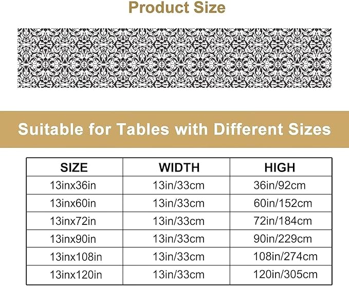 Black White Vintage Damask Table Runner Classic Retro Table Runner for Kitchen Dining Weddings Party Decor 13x60in