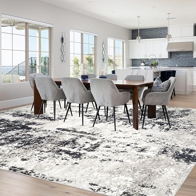 Modern Abstract Area Rug, 9'x12', Machine Washable, Non-Slip, Stain Resistant, Neutral, Soft, Perfect for Living Room, Dining Room, Bedroom, Office (Black)