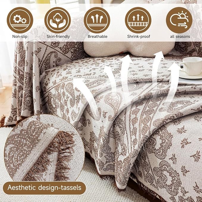 ROOMLIFE Boho Khaki Couch Covers for 3 Cushion Sofa, Breathable Couch Cover Sectional Sofa Cover for Dog, Washable Furniture Sofa Protector Cover Soft Blanket with Tassel for Living Room, 71''X134''