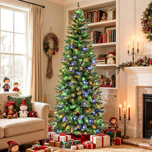 Hykolity 7.5 ft Prelit Pencil Slim Christmas Tree, 792 Branch Tips, 300 Color Changing LED Lights for Decoration, Metal Stand and Hinged Branches, 10 Color Modes