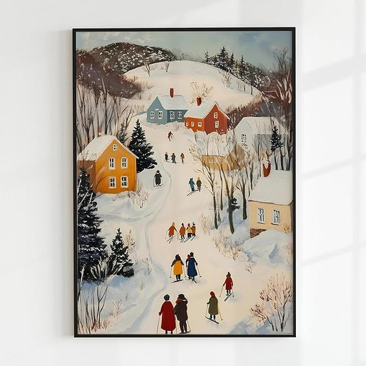 OZCONO Winter Town Wall Art for Christmas Home Decor, Cozy Snowy Village Scene for Holiday, Vintage Winter Artwork, Farmhouse Seasonal Home Accent, Xmas Print, Noel Design (Unframed) (16x24)