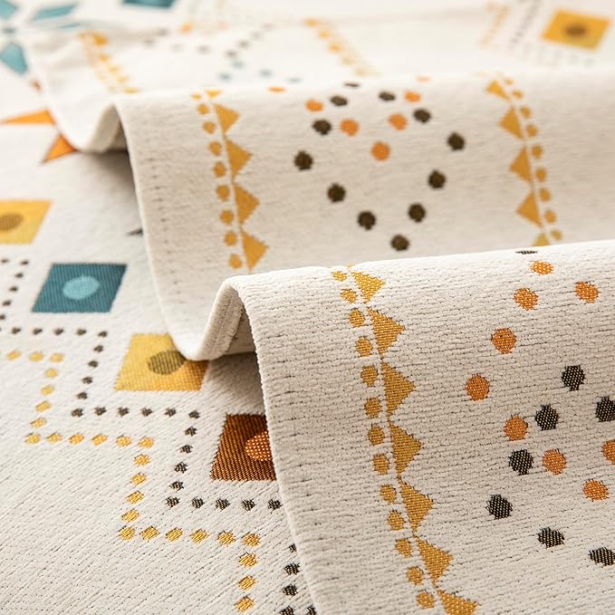 Boho Chenille Couch Covers,Geometric Couch Covers for Sofa,Chenille Couch Cover Non Slip,Sectional l Shaped Sofa Furniture Protector Cover for Home Decor,Off-White_4 Seat 28x82in/70x210cm