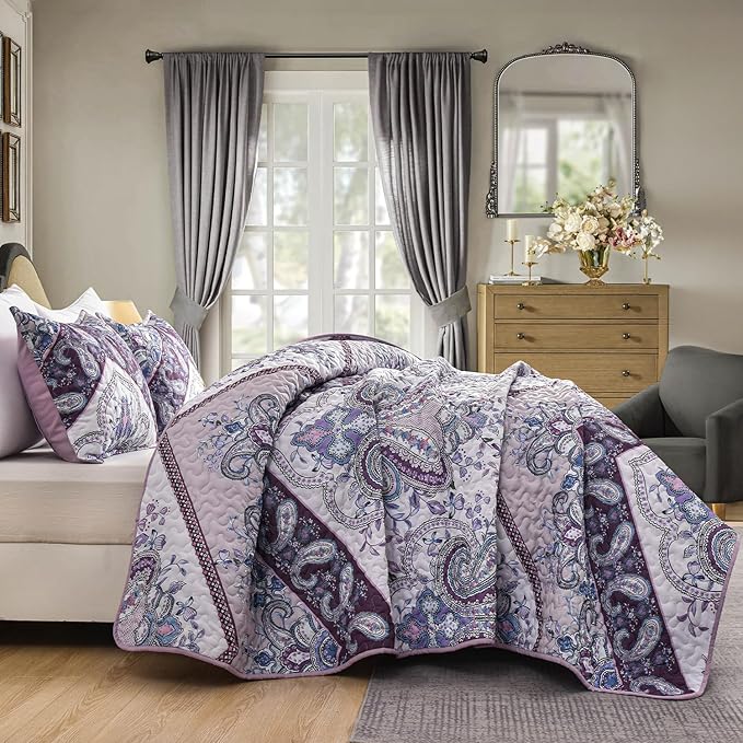 DURLENGEN Purple Quilt Set King Size 3Pcs, Purple & Pink Paisley Styling Bedspread, All Season Lightweight Coverlet Sets(King 106x96, Purple Paisley)