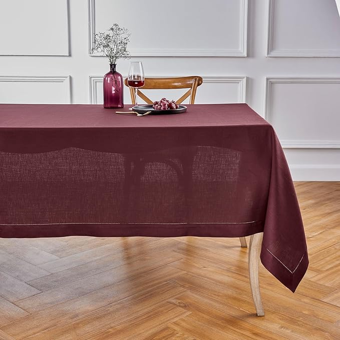 Solino Home Linen Burgundy Tablecloth 60 x 90 Inch - Classic Hemstitch, 100% Pure Linen Rectangular Tablecloth - Machine Washable Table Cloth for Fall, Autumn, Thanksgiving, Christmas, Holiday, Winter
