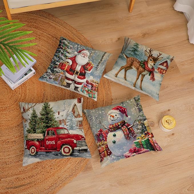 Neatee Living Christmas Pillow Covers 16x16 Set of 4 Farmhouse Xmas Vintage Throw Pillows Christmas Tree Deer Snowman Pillow Cases Outdoor Sofa Couch Cushion Covers for Home Decorations (16 by 16)