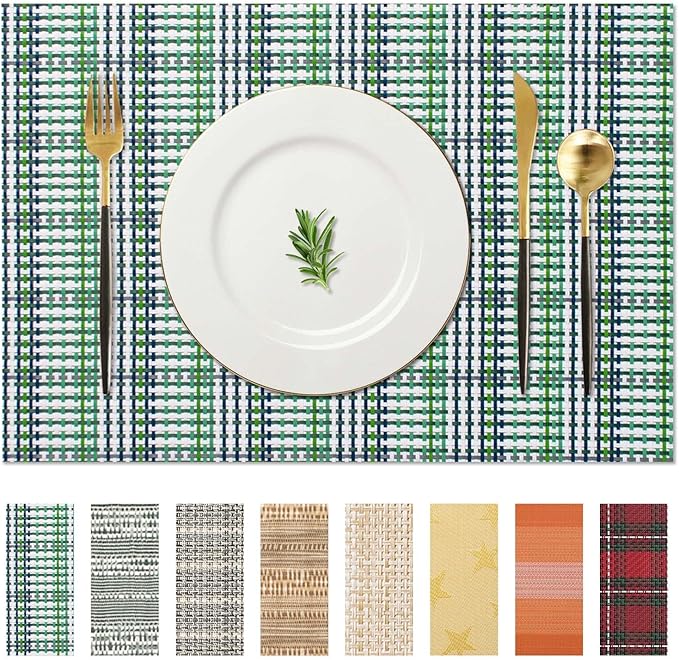 AHHFSMEI Placemats for Dining Table Set of 8 Woven Vinyl Plastic Place Mats Non-Slip Heat Insulation Stain Resistant Table Mats Washable Easy Clean Placemats (Green Blue Stripe 8)