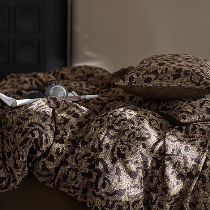 mixinni Leopard Duvet Cover Queen Size Yarn-Dyed Leopard Print Jacquard Cotton Duvet Cover Set-Vintage Floral Pattern Bedding Set with Pillowcases Perfect for Him and Her-(Queen Size, Brown)
