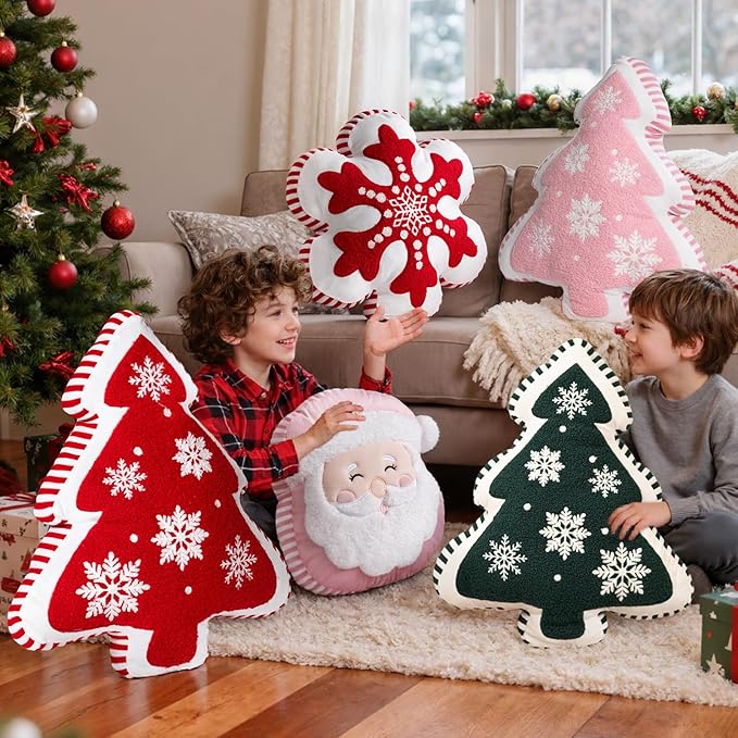 Lanpn Christmas Throw Pillows Set of 3, Christmas Decoration Winter Throw Pillows Snowflake Santa Claus Xmas Tree Cuhsion for Sofa Living Room Bedroom Xmas Decor (Red)