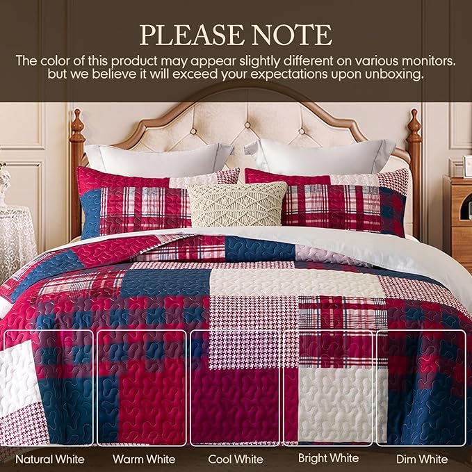 DURLENGEN White Quilt Set 3Pcs, Rustic Stonehurst Collection with Red & Navy & White Patchwork Pattern, All Season Lightweight Coverlet Sets(California King 112x104, Red Patchwork)
