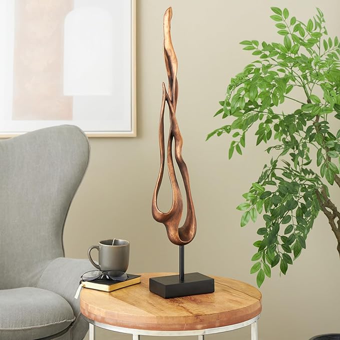 Deco 79 Polystone Abstract Decorative Sculpture Abstract Home Decor Statue with Rectangle Black Base, Accent Figurine 6" x 4" x 32", Bronze