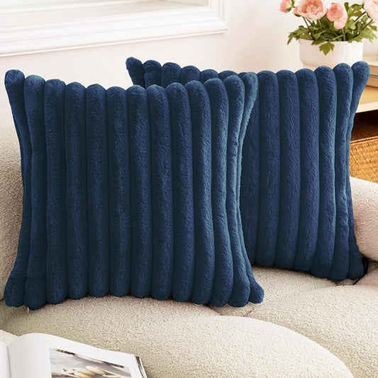 Double-Sided Faux Fur Plush Throw Pillow Covers 16x16 Set of 2 Fuzzy Striped Soft Cozy Pillowcase Luxury Decorative Pillows Square Fluffy Cushion Cover for Couch Sofa Bed,Navy Blue