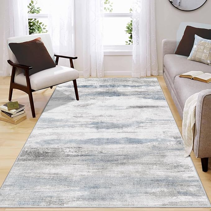 Enkor Area Rug 4x6 Washable Non Slip Abstract Soft Rug for Living Room Bedroom, Modern Mat for Kitchen Entryway Blue & Grey