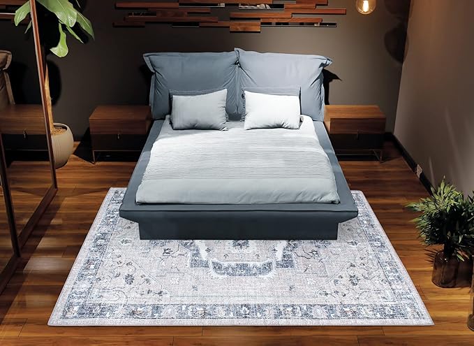 Bloom Rugs Washable Non-Slip 9' x 12' Rug - Pebble Gray/Blue Traditional Medallion Area Rug for Living Room, Bedroom, Dining Room, and Kitchen - Exact Size: 9' x 12'