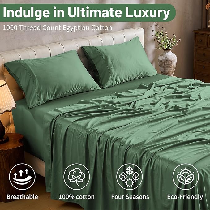 MEISHANG 1000 Thread Count Cotton Sheets King Size - 100% Egyptian Cotton, Sateen Weave, Soft & Breathable, Oeko-Tex Certified, 16" Deep Pockets - 4 Piece (King, Sage Green)
