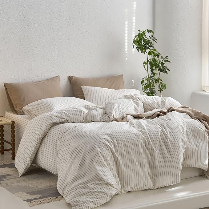 MooMee Striped Duvet Cover Set 100% Washed Cotton Linen Like Textured Breathable Durable Soft Comfy (White Tannish Linen Grey Wide Stripes, Super King Plus 120"x120")