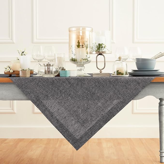 Solino Home Linen Cloth Tablecloth 52 x 52 Inch - 100% Pure Linen Chambray Black Square Tablecloth - Athena, Machine Washable Table Throw for Fall, Autumn, Winter, Thanksgiving, Holiday