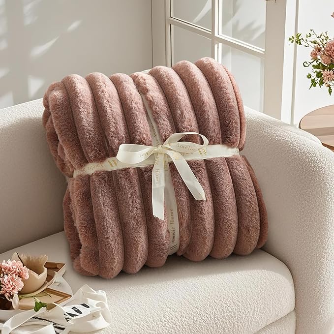 Amélie Home Faux Fur Throw Blanket for Couch, Ultra Cozy Fuzzy Fluffy Fur Luxurious Soft Striped Plush Gift Blankets for Family Sofa Chair Bedroom, 60"x80", Cationic Fox Brown