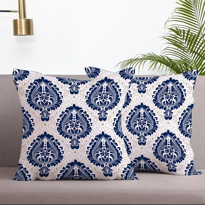 LOVOUS Navy Blue and White Damask Throw Pillow Covers 18x18 Inch Set of 2, Vintage Linen Decorative Pillow Covers for Bed Couch Sofa Bedroom Living Room Home Decor, B19