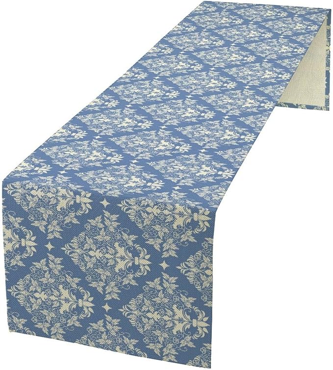 Damask Table Runner Blue Beige Abstract Flower Floral Baroque Pattern Table Runner for Kitchen Dining Weddings Party Festival Farmhouse Holiday Decor 13x108in