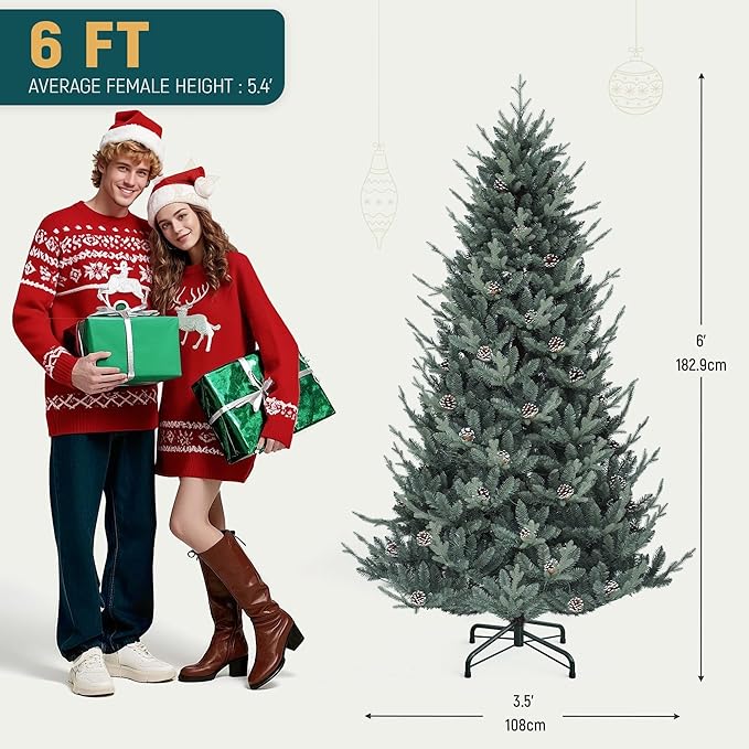 YITAHOME 6FT Prelit Blue Christmas Tree with Remote, Pre-Decorated Artificial Hinged Hillside Spruce Holiday Xmas Tree with 35 Pine Cones, 300 Lights & 11 Light Modes