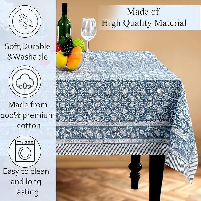 CPC Azure Regal Tablecloth 100% Cotton 72x140 Inch Indian Block Print Rectangle Table Cover, Table Cloth for Gifting in Weddings, Halloween, Fall, Christmas, Thanksgiving