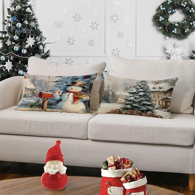 Neatee Living Christmas Pillow Covers 12x20 Set of 4 Farmhouse Vintage Xmas Throw Pillows Christmas Tree Elk Snowman Pillow Cases Sofa Couch Outdoor Cushion Covers for Home Decorations (12 by 20)