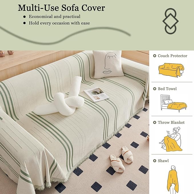 DREAMINGO Couch Cover Reversible Chenille 3 Seat Sofa Covers for Dogs Pets Beige Green Couch Protector for 3 Cushion Couch Sofa Vertical Stripe Jacquard Sofa Slipcover Sectional, 71"x134"