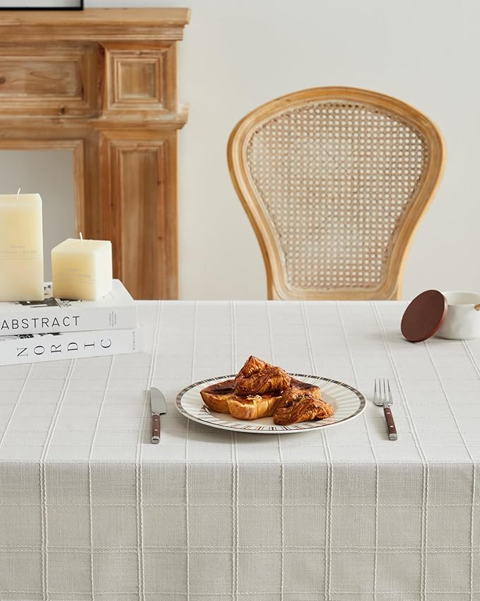ZeeMart Linen Checked Table Cloth, Farmhouse Style Plaid Embroidered Neutral Tablecloth, Water Resistant Square Table Cloth, Ivory 60x60 Inches
