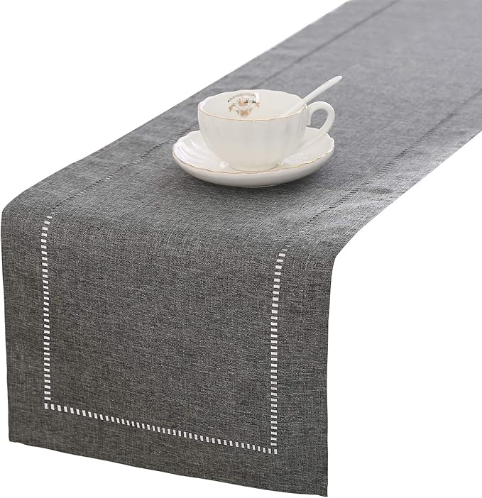 Tosewever Decorative Linen Table Runner Farmhouse Style Tabletop Collection 14 x 108 Inches Table Runners for Everyday Dining Wedding Party Holiday Home Decor (14" x 108", Grey/Straight)