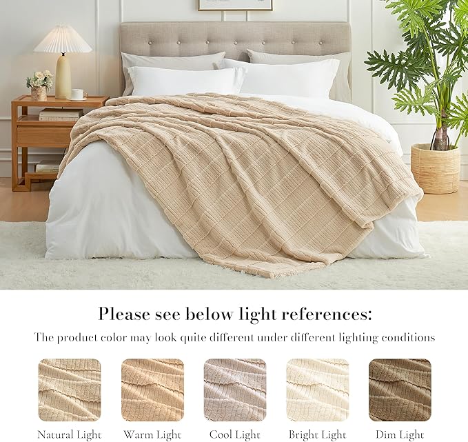 Amélie Home Luxury Striped Faux Fur Throw Blanket for Bed Queen Size, Soft Cozy Fuzzy Fluffy Plush Gift Blankets for Women, 88"x90", Beige
