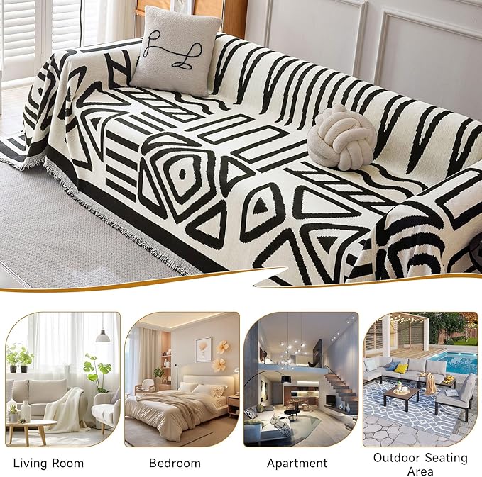 VClife Couch Cover 1 Piece Boho Tribal Black and White Geometric Jacquard Pattern Sofa Cover for 2 Cushion Couch Sofa, Soft Washable Chenille Living Room Loveseat Cover Slipcover for Sofa Bed 71"X102"