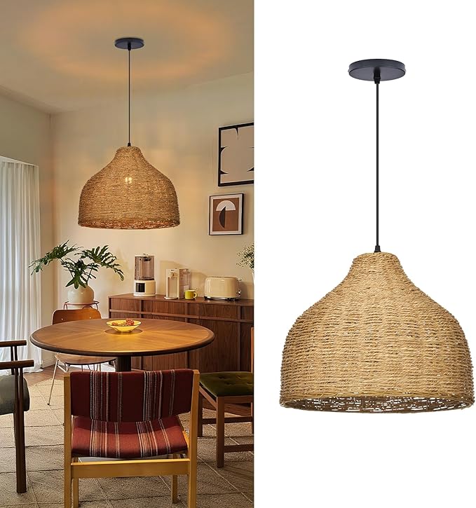 Arturesthome 1 Light Rattan Pendant Light,15.7" Wicker Chandelier Woven Rustic Pendant Lighing Rattan Chandelier for Dining Room Kitchen Island Entryway