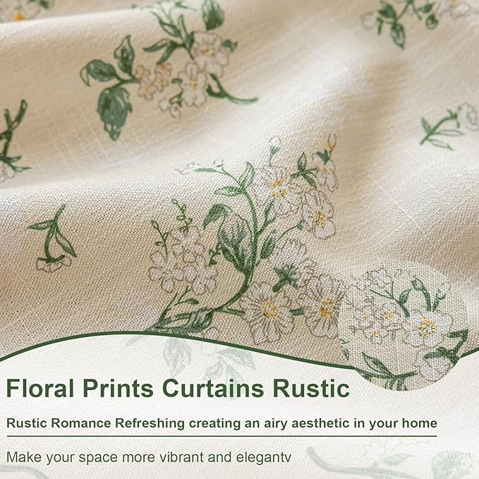 OYX Sage Green Spring Floral Curtains 63 Inch Length 2panels for Living Room, French Country Vintage Light Filtering Patterned Aesthetic Drapes for Bedroom, Rod Pocket Decor Window Treatment Curtains