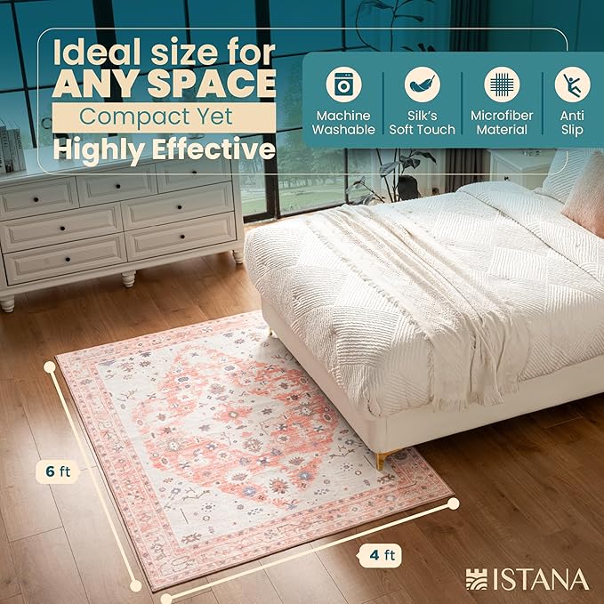 Istana 4x6 Area Rug - Pink Rugs for Living Room 4x6 - Foldable Rugs for Bedroom - Stain Resistant Washable Rug - Eco-Friendly Boho Area Rugs - Easy to Clean Living Room Rug 4 x 6