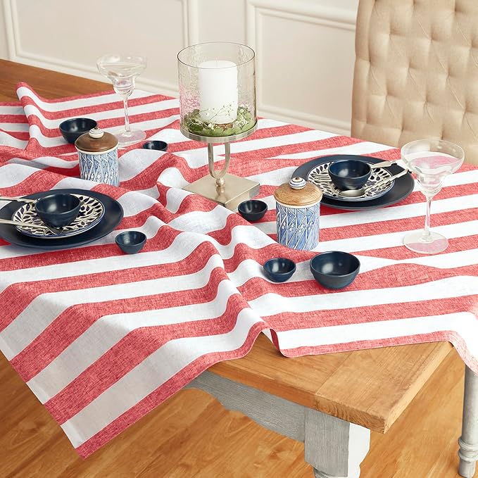 Solino Home Linen Square Tablecloth 52 x 52 Inch - Cabana Stripe, 100% Pure Linen Red and White Table Throw - Machine Washable Tablecloth for Christmas, Holiday, Winter