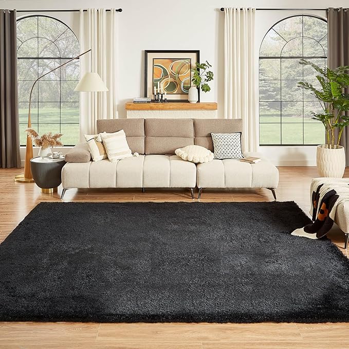 Floralux 9x12 Area Rug for Bedroom, Black, Large Shag Carpets Living Room Rug, Ultra Soft Shaggy Fluffy Carpet for Playroom, Plush Modern Floor Rug for Kids Room